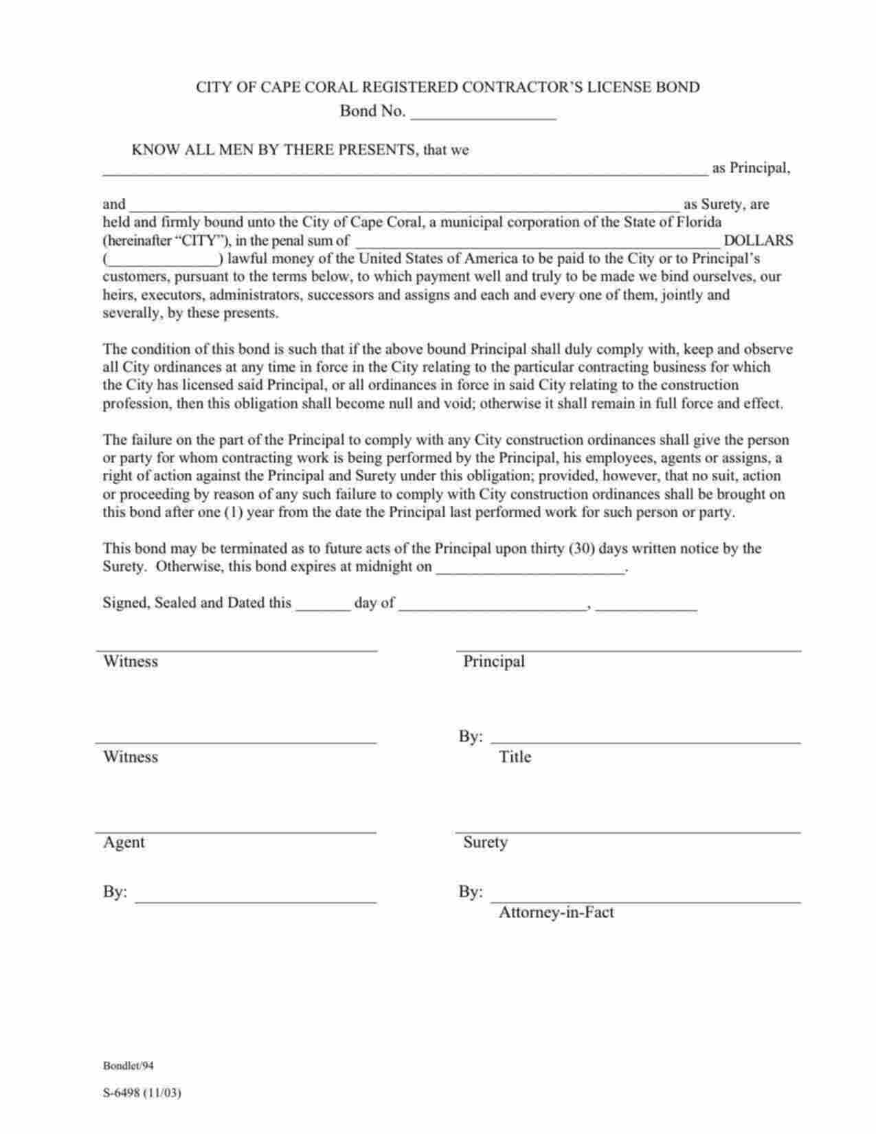 Florida Registered Contractors License Bond Form