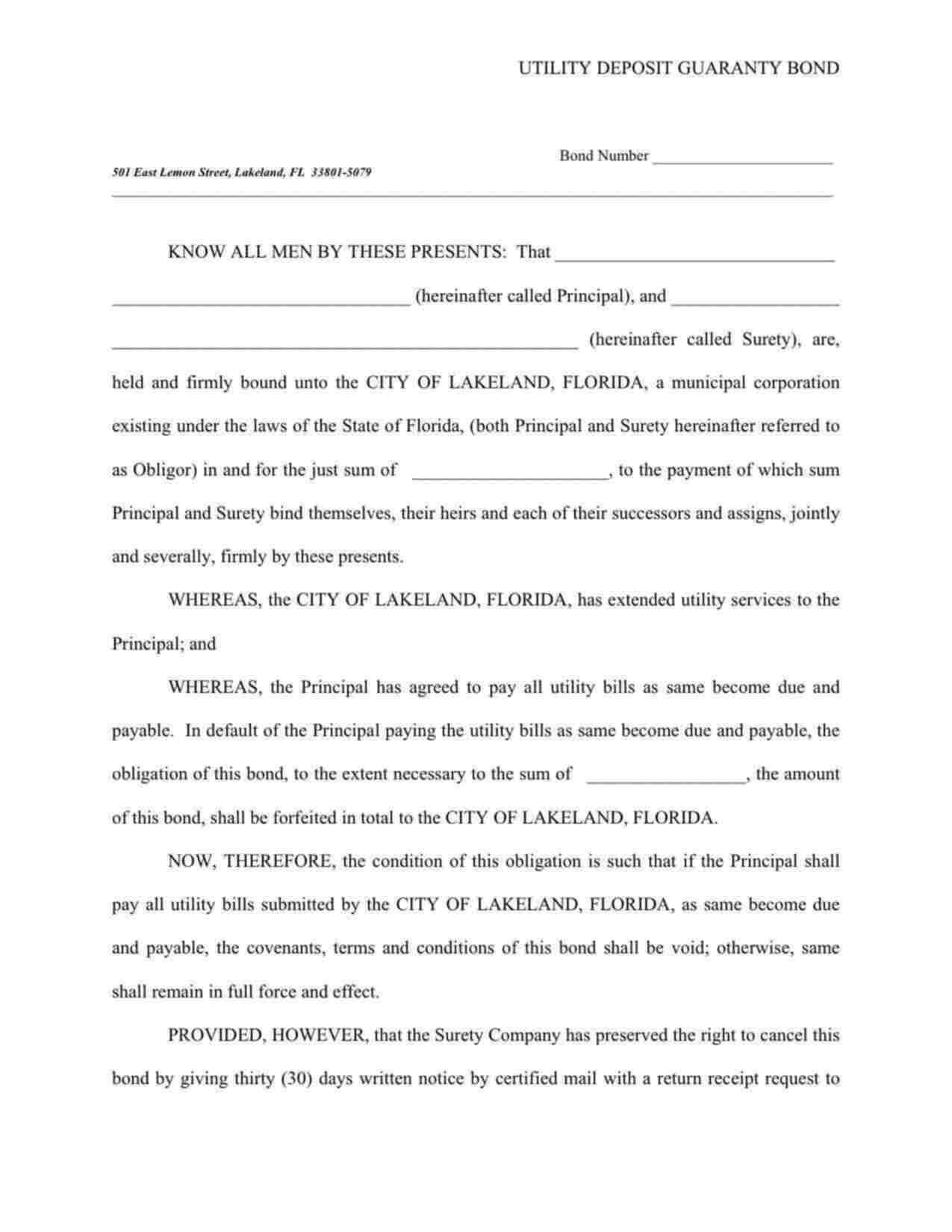 Florida Utility Deposit Bond Form