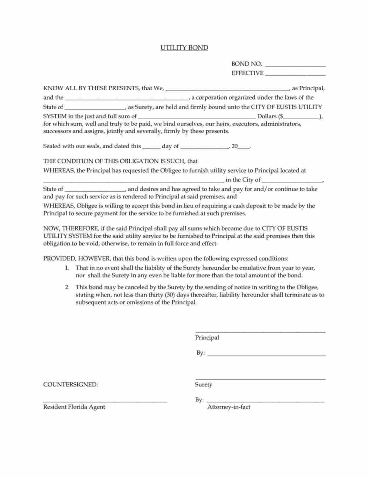 Florida Utility Deposit Bond Form