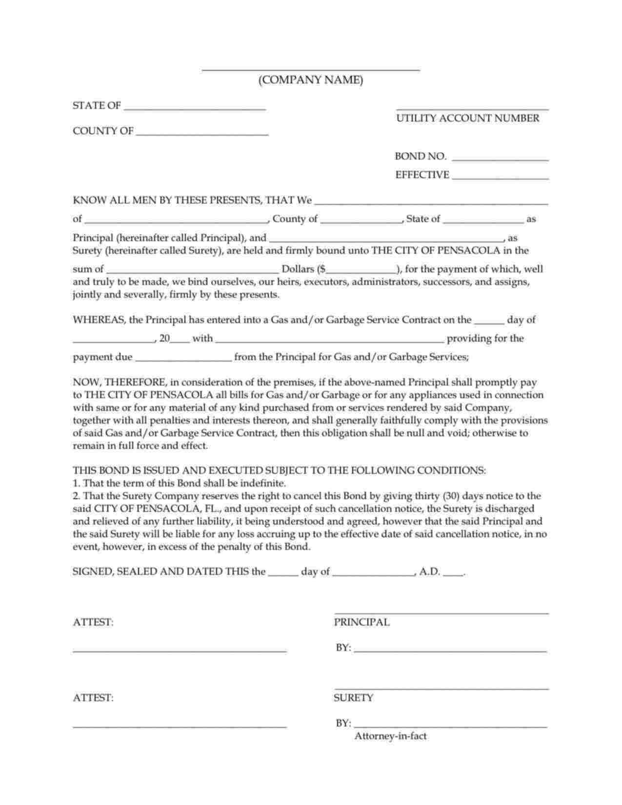 Florida Utility Deposit Bond Form