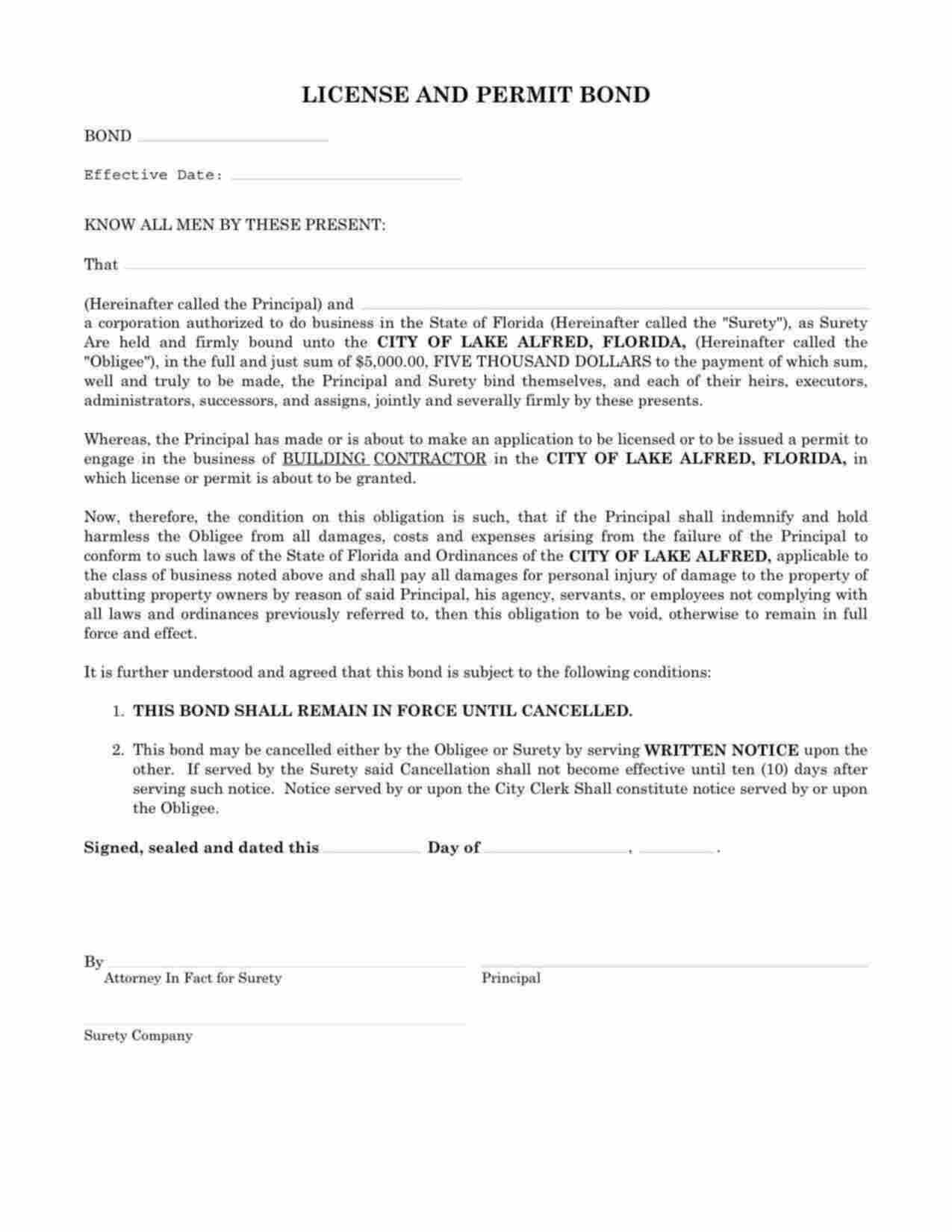 Florida Building Contractor Bond Form