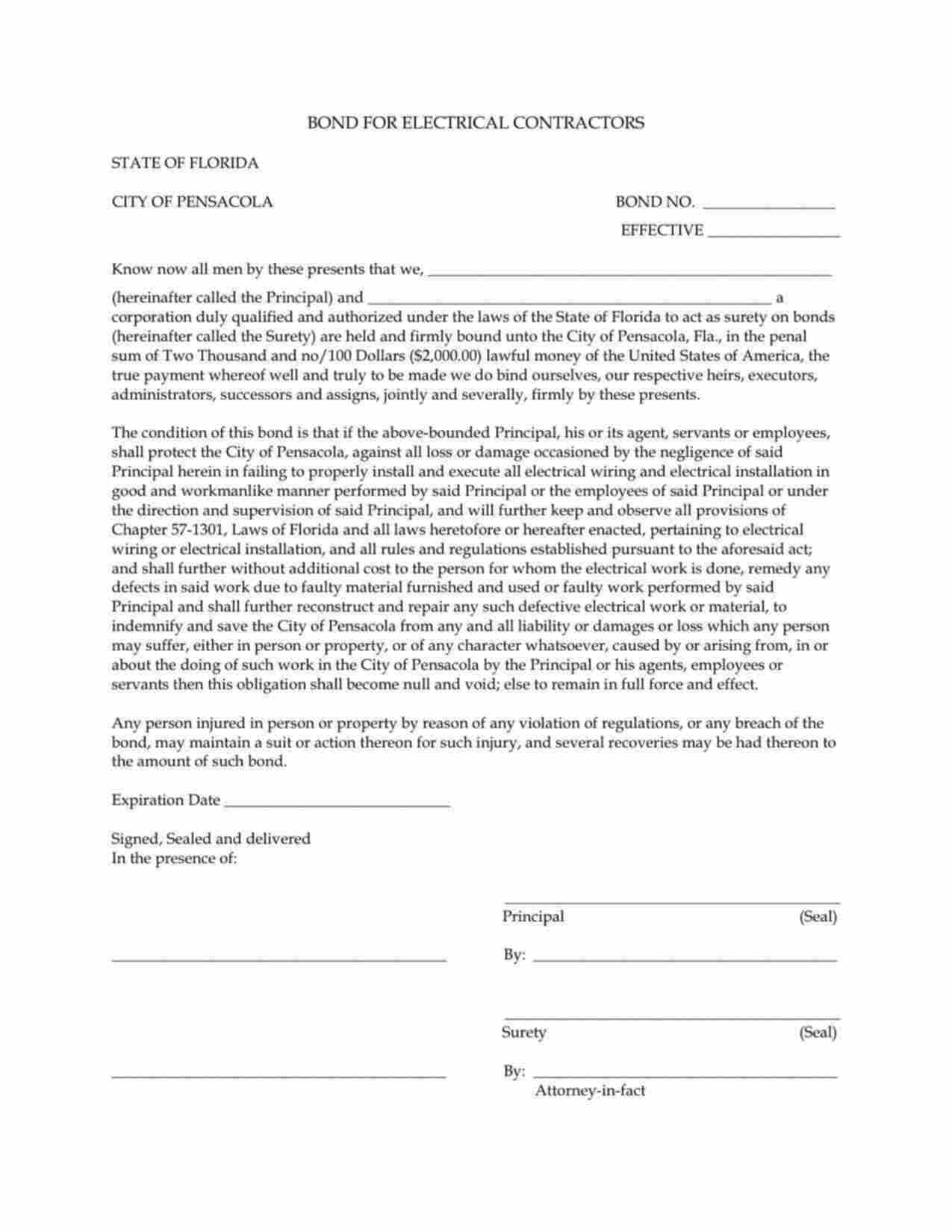 Florida Electrical Contractor Bond Form