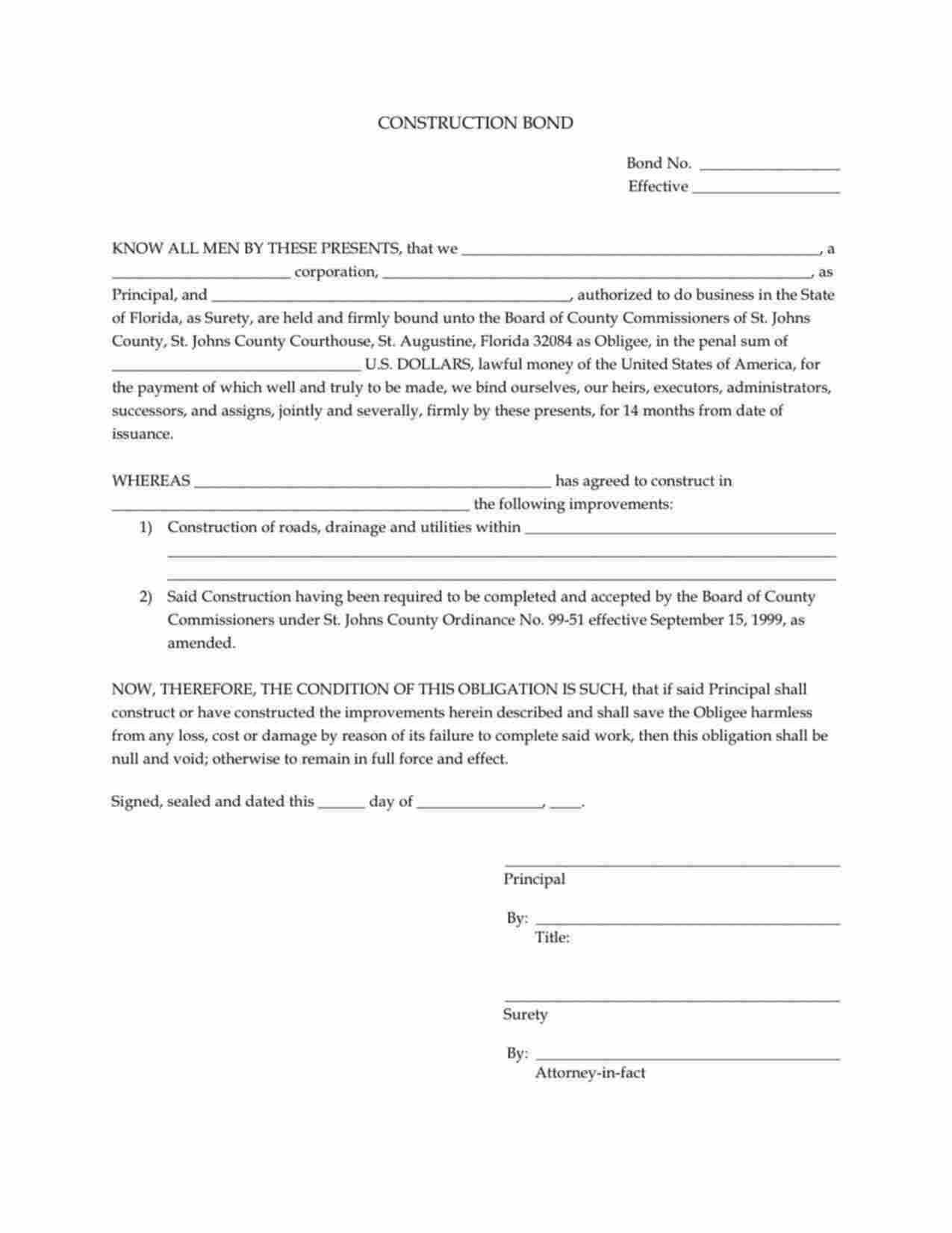 Florida Construction of Roads, Drainage and Utilities Bond Form