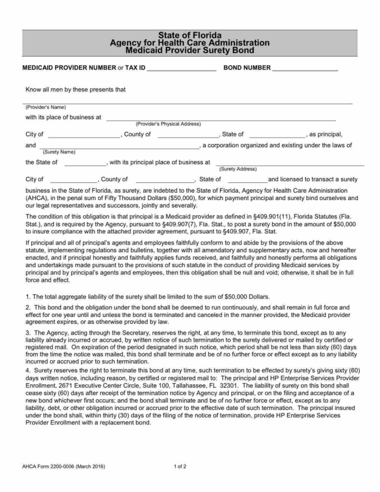 Florida Medicaid Provider Bond Form