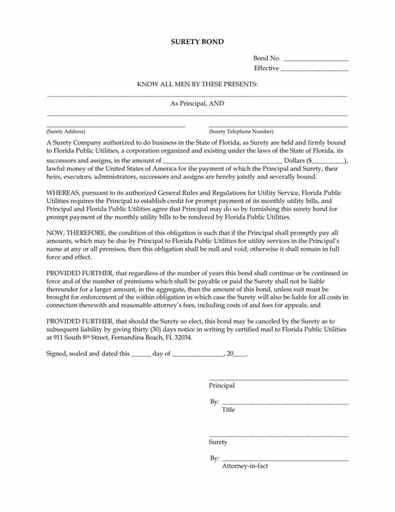 Florida Utility Deposit Bond Form