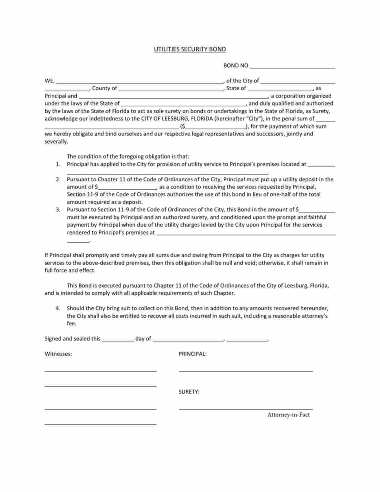 Florida Utility Deposit Bond Form