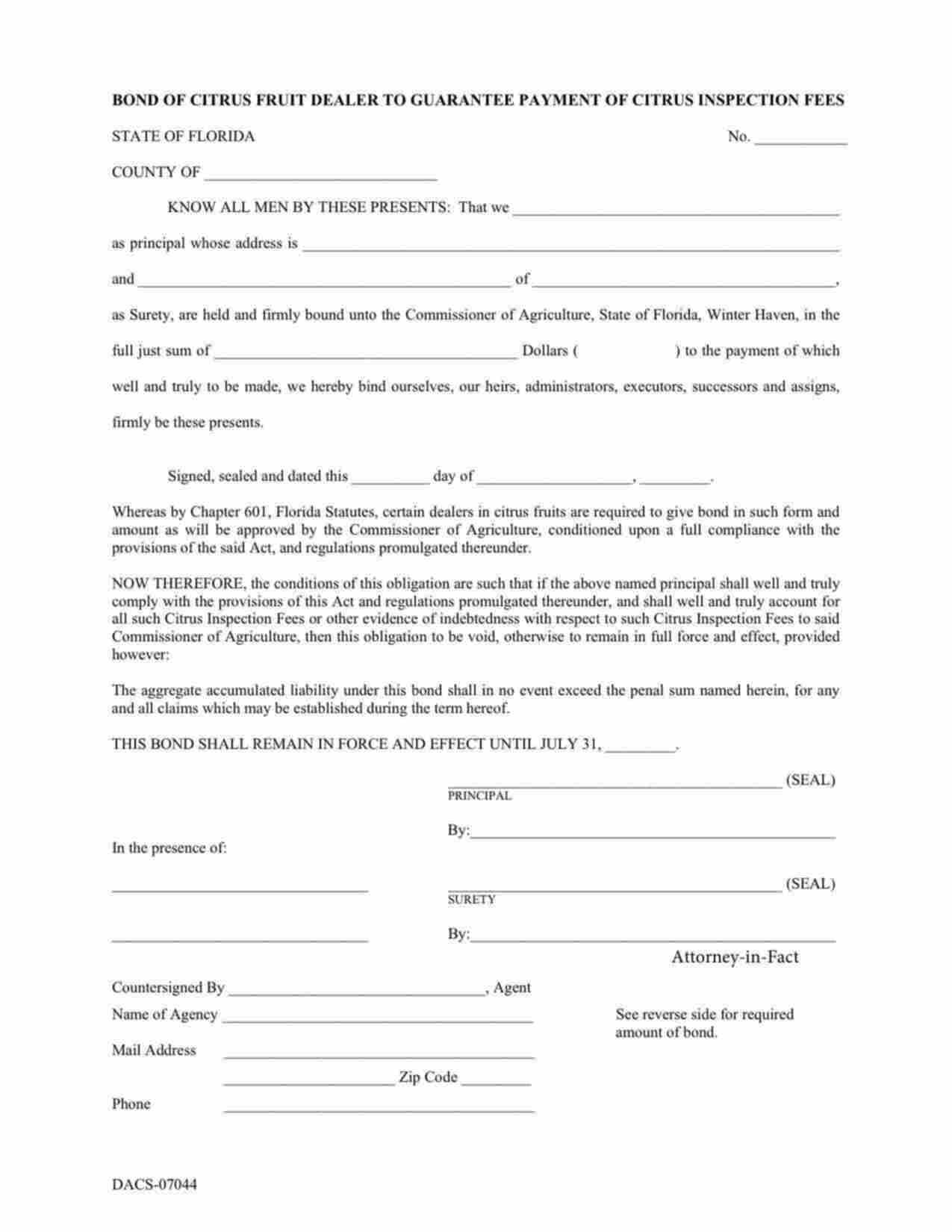 Florida Citrus Fruit Dealer Inspection Fees Bond Form