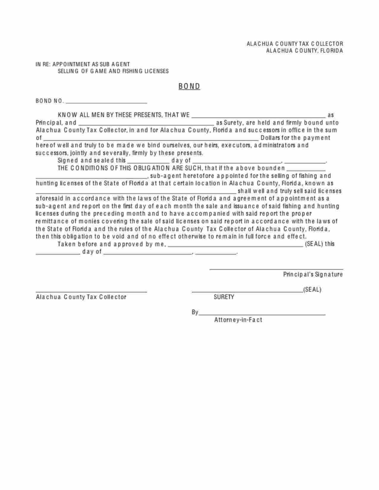 Florida Game and Fishing License Sub Agent Bond Form