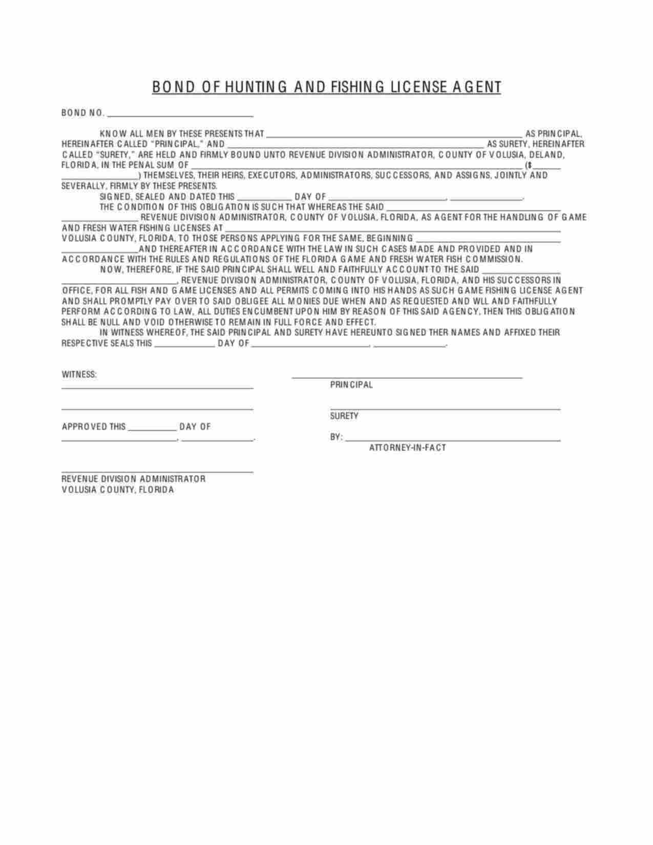 Florida Hunting and Fishing License Agent Bond Form