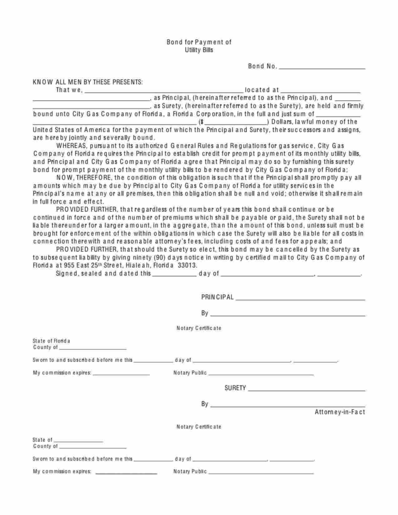 Florida Utility Deposit Bond Form