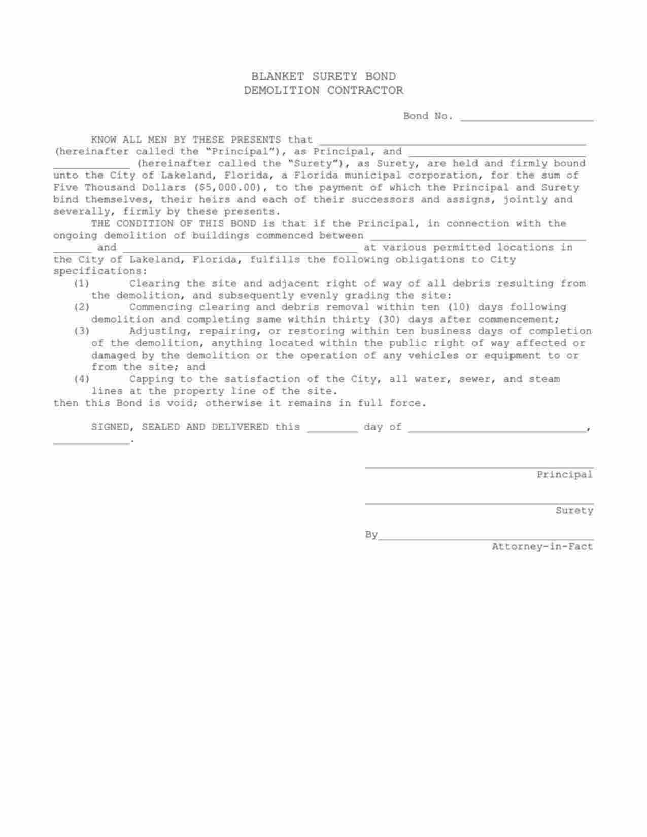 Florida Demolition Contractor Bond Form