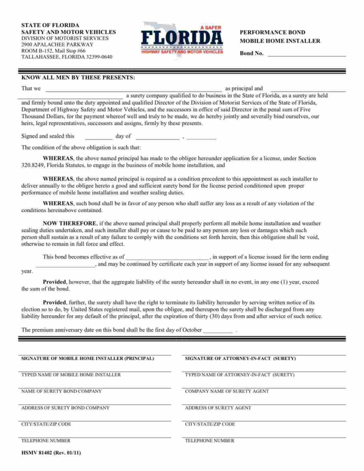 Florida Mobile Home Installer Bond Form