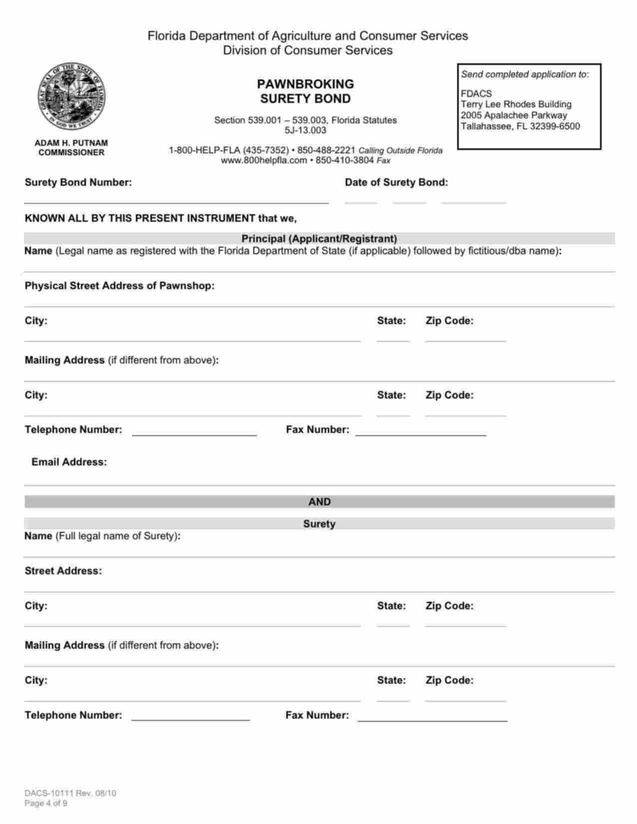 Florida Pawnbroking Bond Form