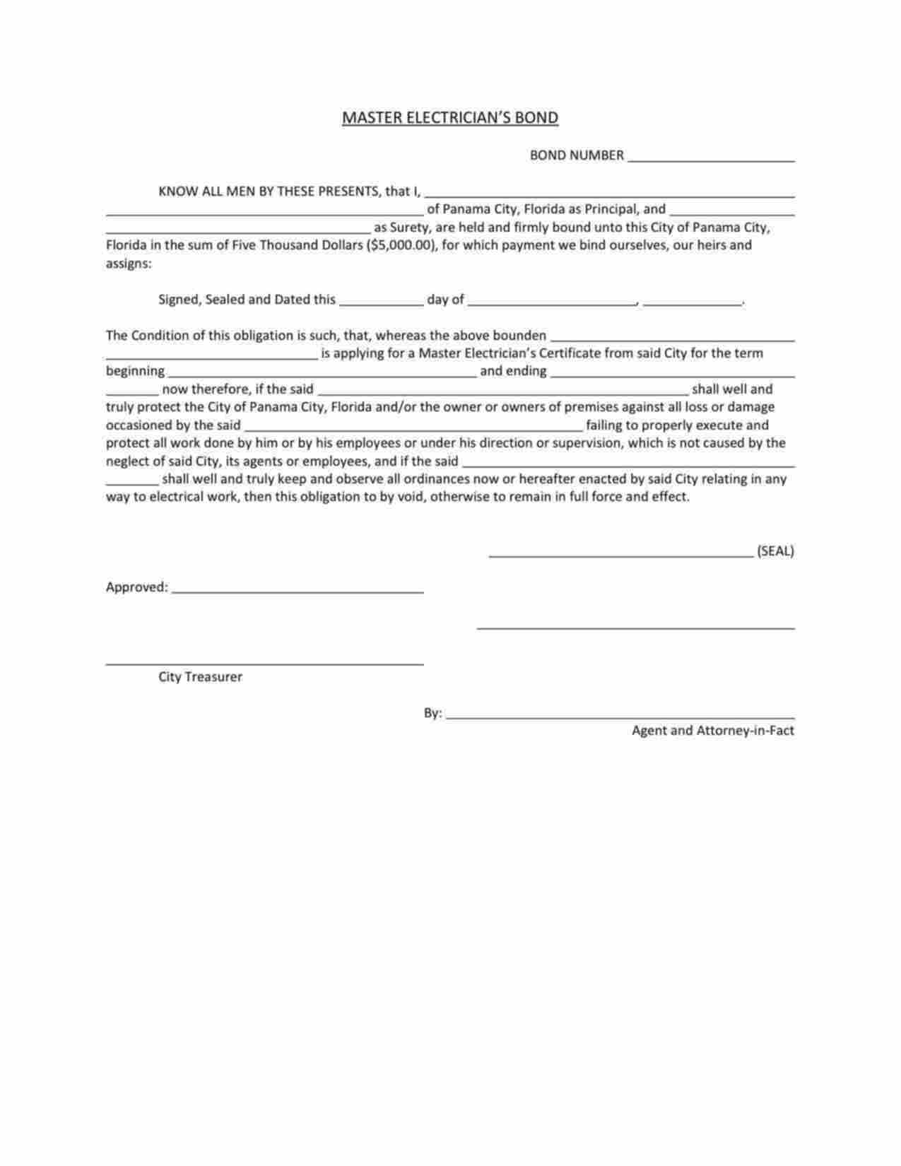 Florida Master Electrician Bond Form