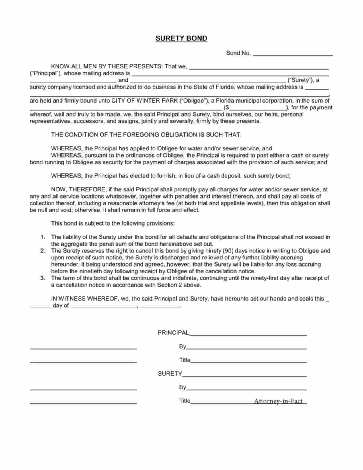 Florida Utility Deposit Bond Form