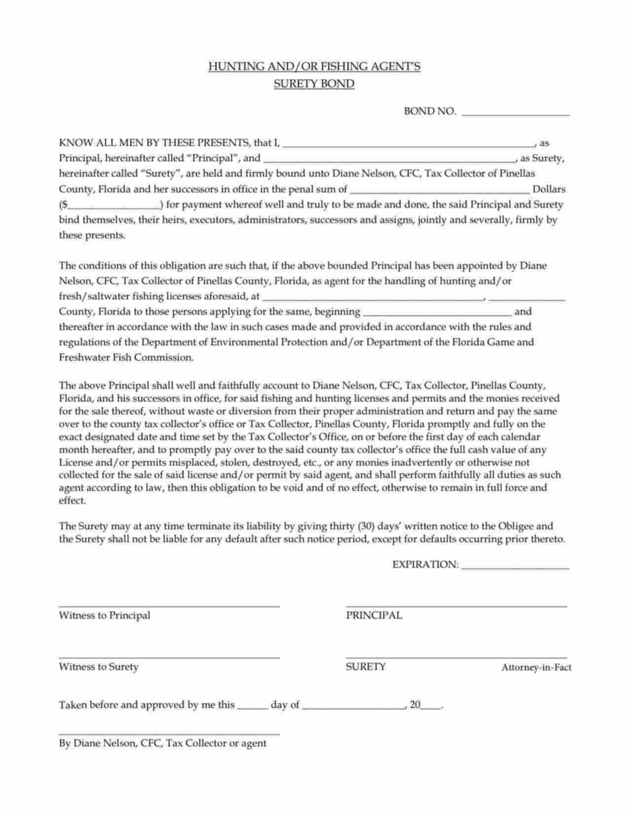 Florida Hunting and/or Fishing Agent Bond Form