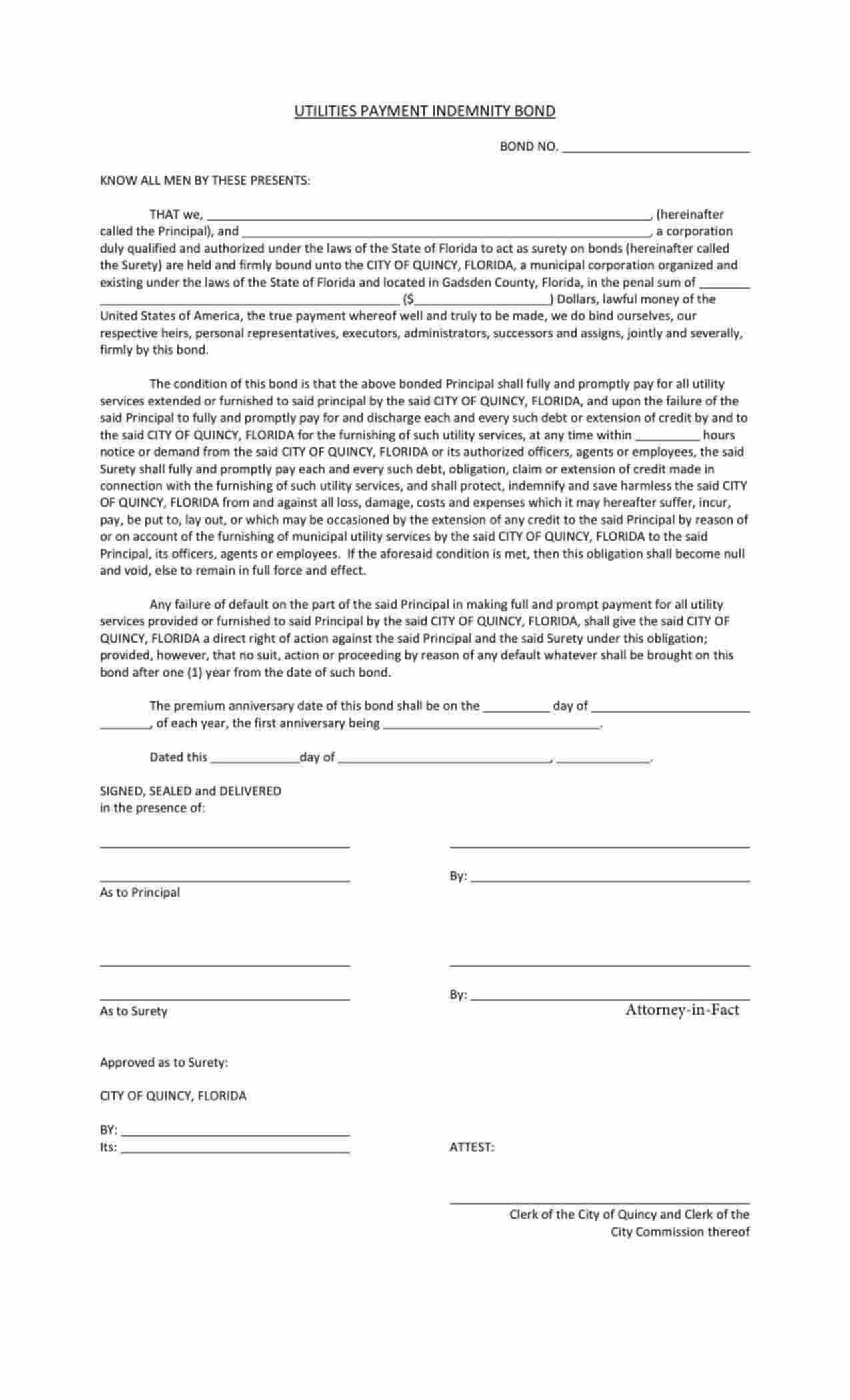 Florida Utility Deposit Bond Form