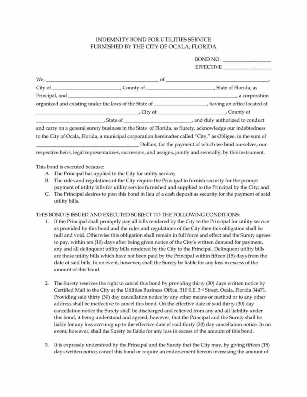 Florida Utility Deposit Bond Form