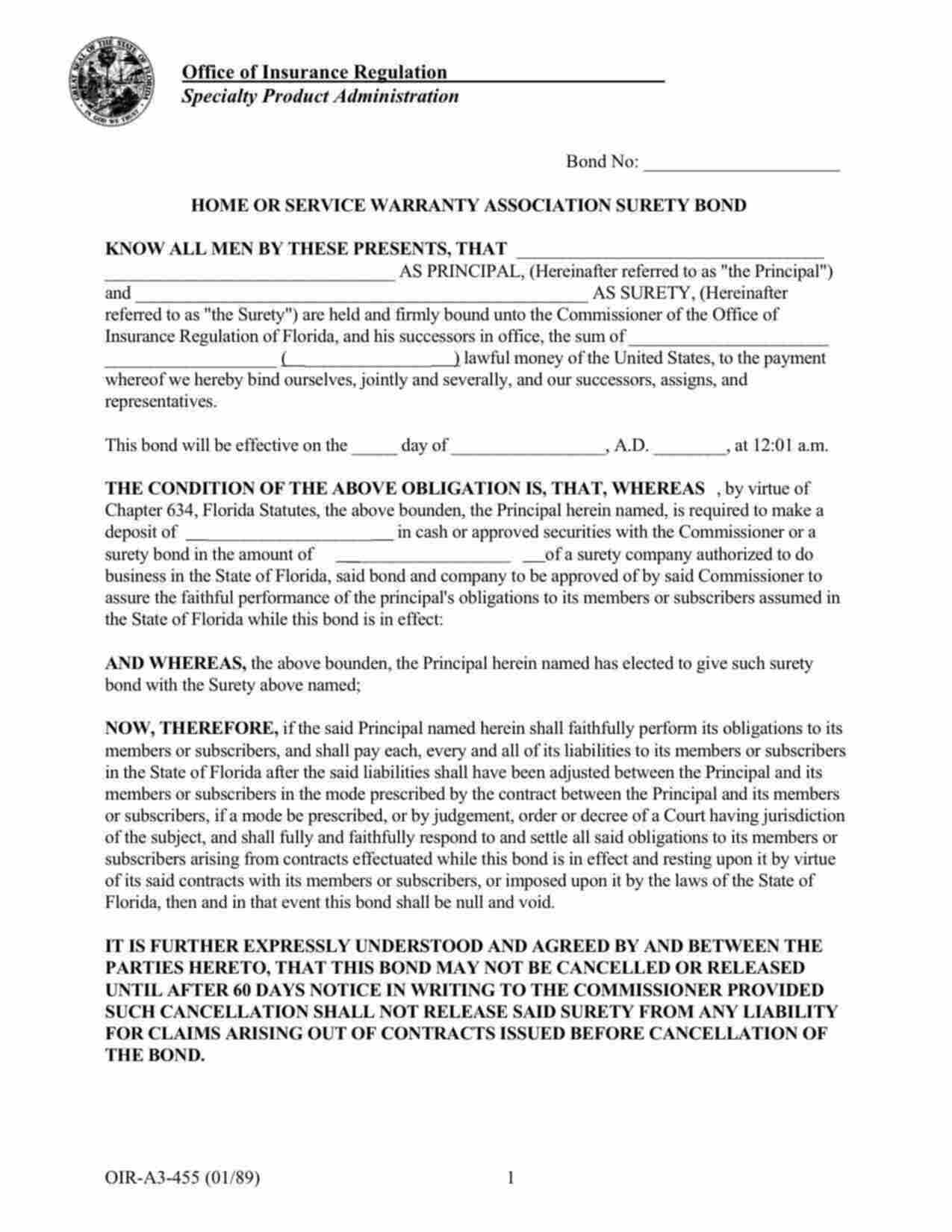 Florida Home or Service Warranty Association Bond Form