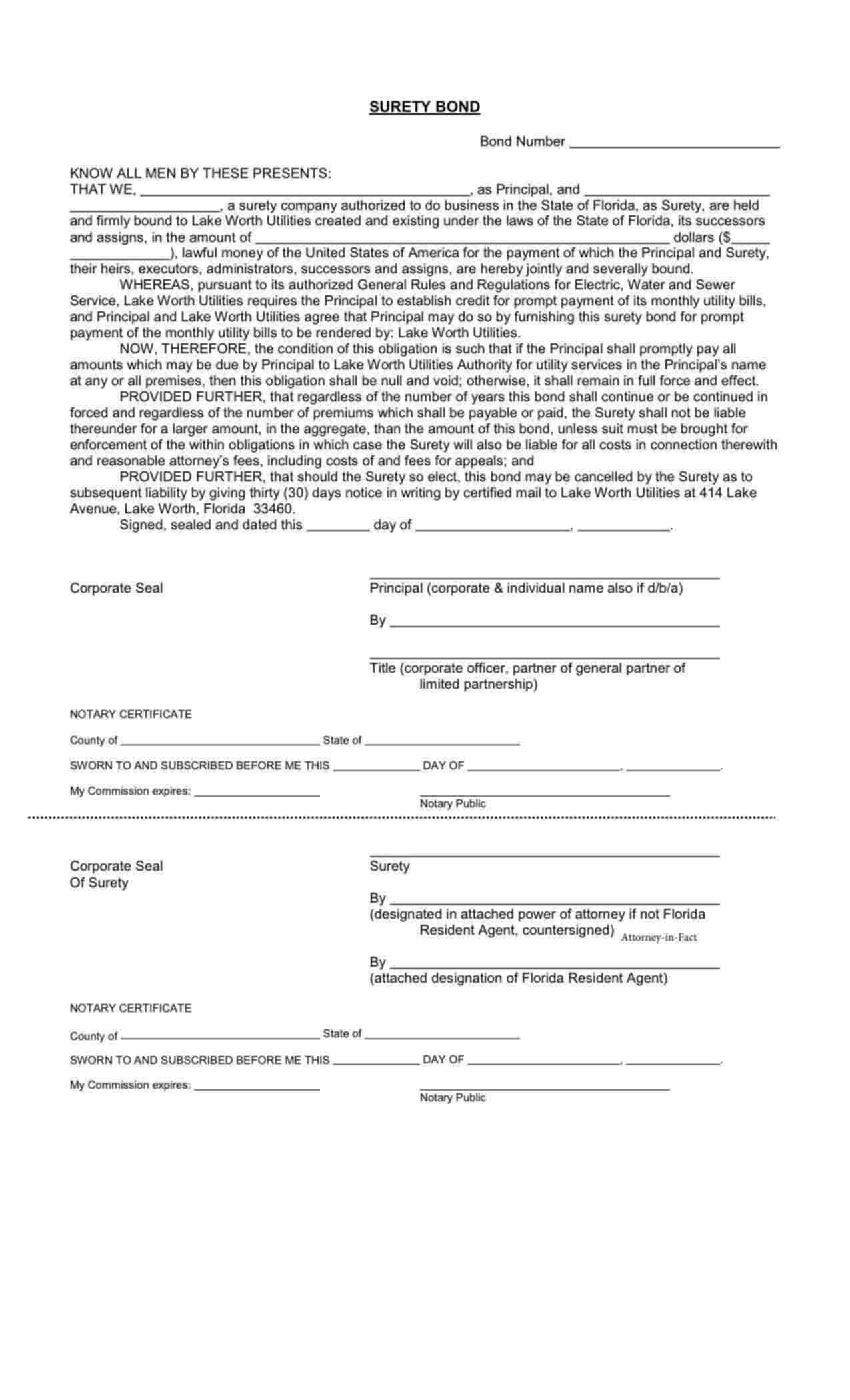 Florida Utility Deposit Bond Form