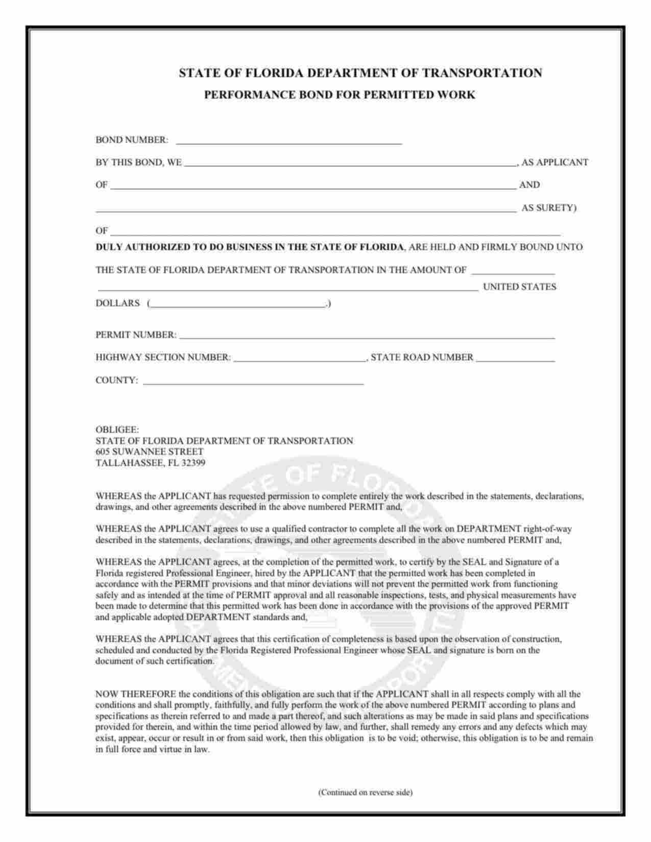 Florida Permitted Work Performance Bond Form