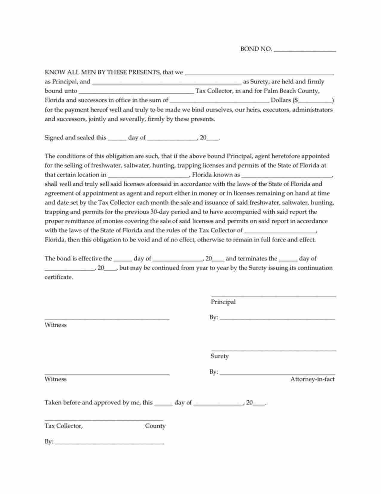 Florida Game and Fish License and Permit Agent Bond Form