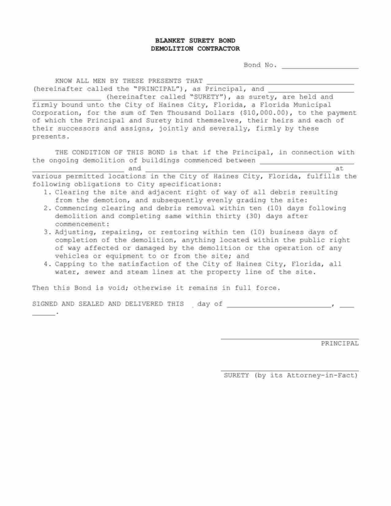 Florida Demolition Contractor Bond Form