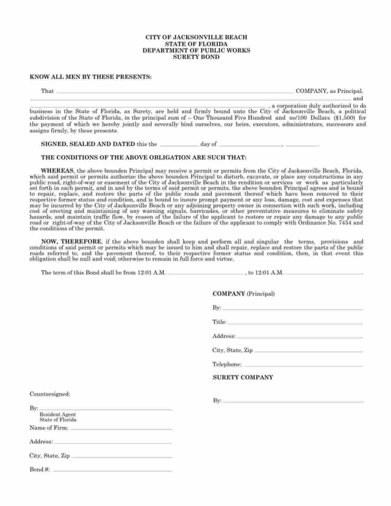 Florida Right-of-Way Permit Bond Form