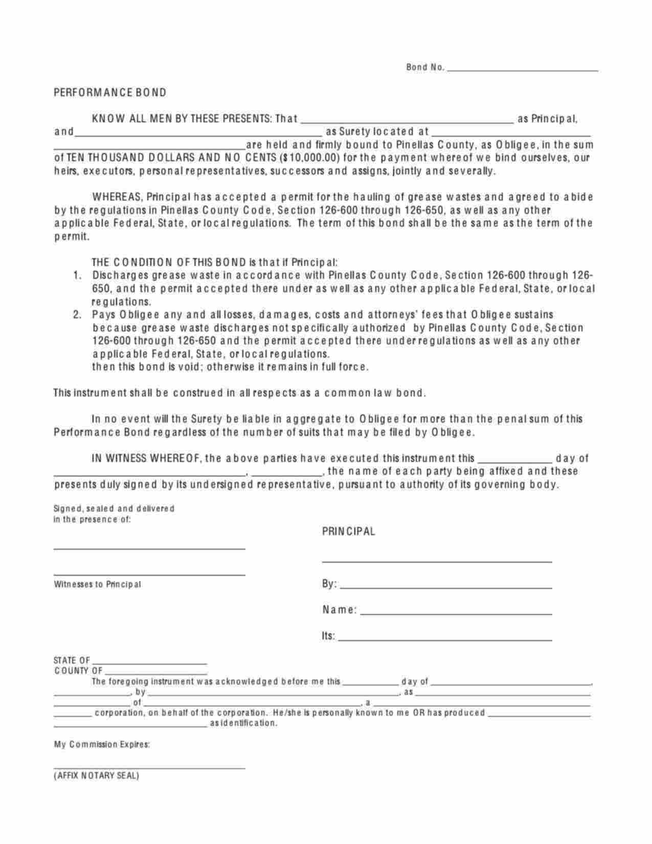 Florida Grease Waste Hauler Performance Bond Form