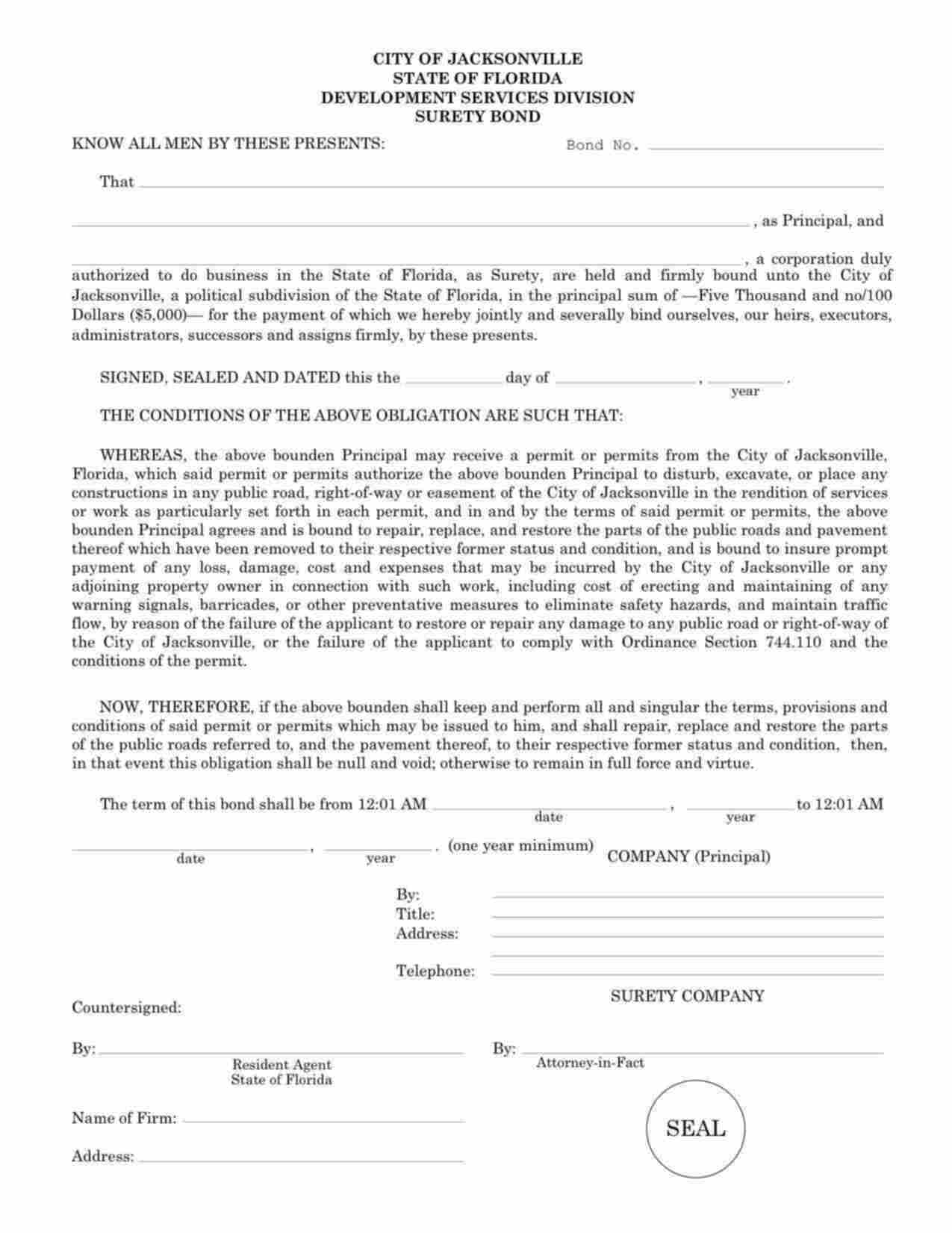 Florida Right-of-Way Permit Bond Form