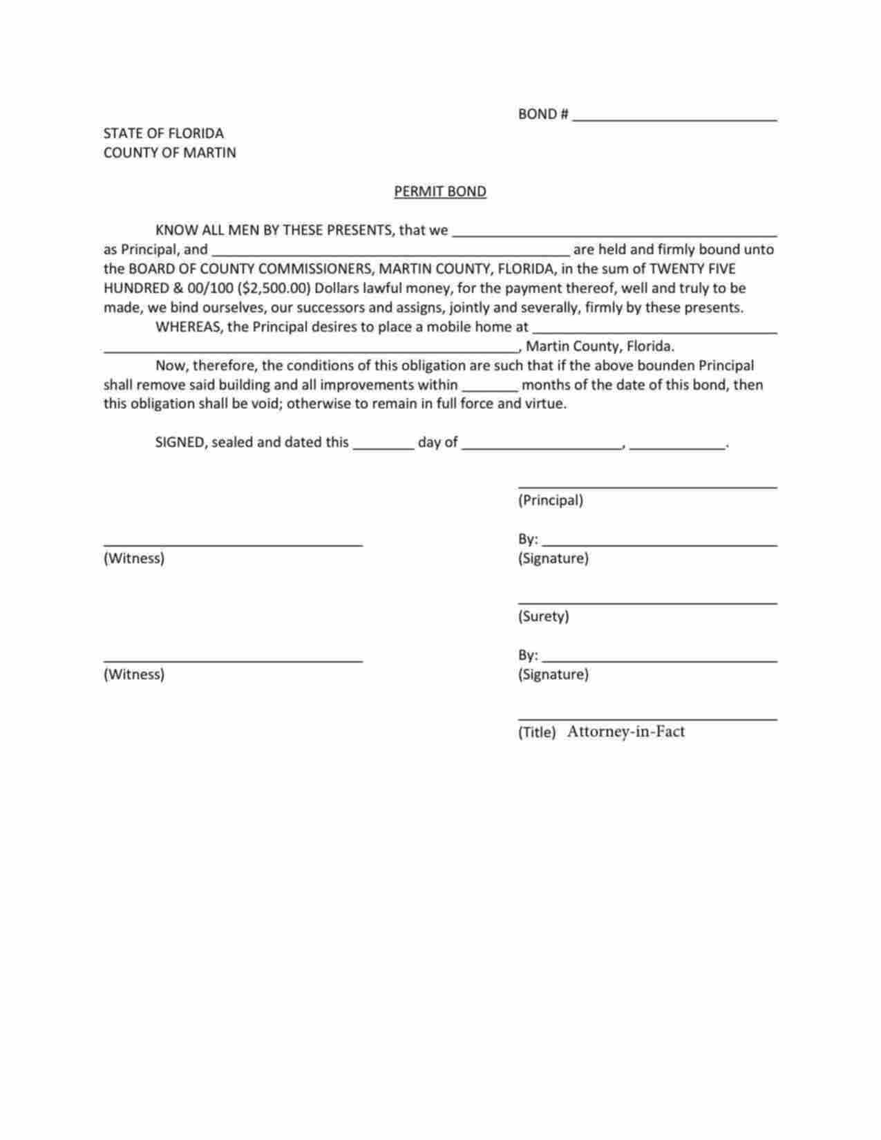 Florida Mobile Home Placement Permit Bond Form