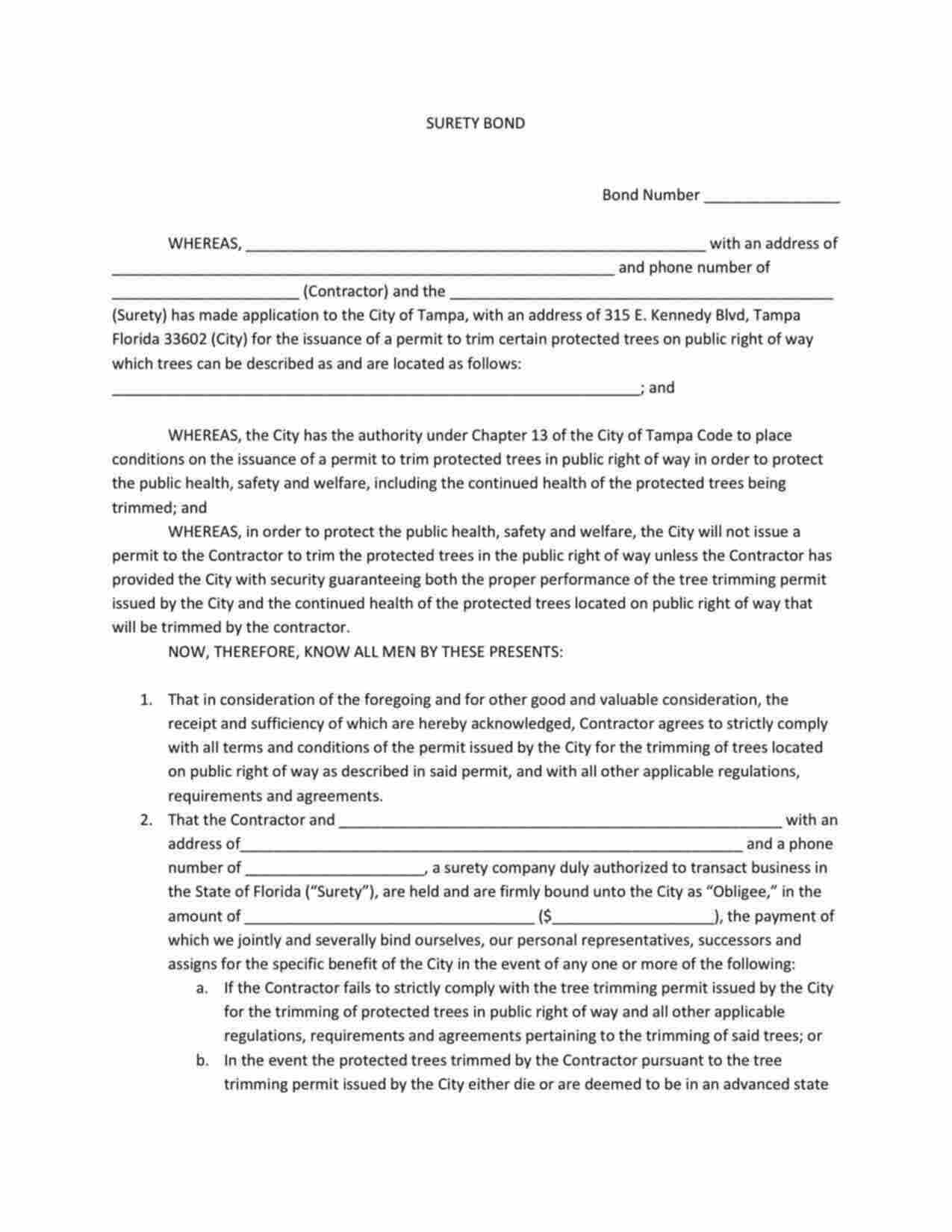 Florida Tree Trimming Bond Form