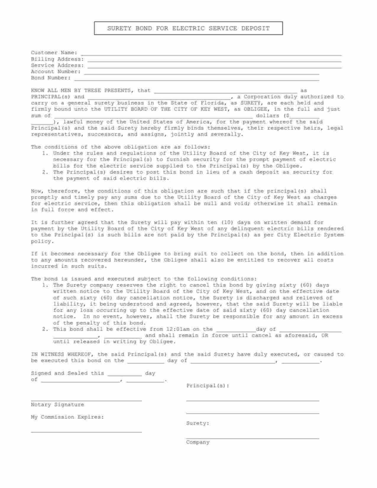 Florida Utility Deposit Bond Form