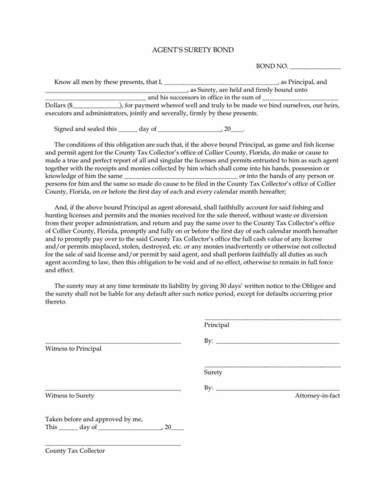 Florida Game and Fish License and Permit Agent Bond Form