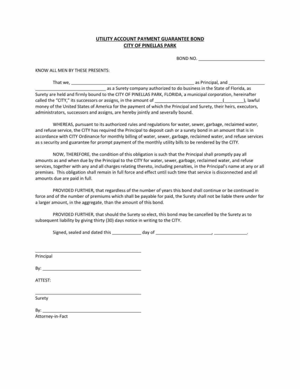 Florida Utility Deposit Bond Form