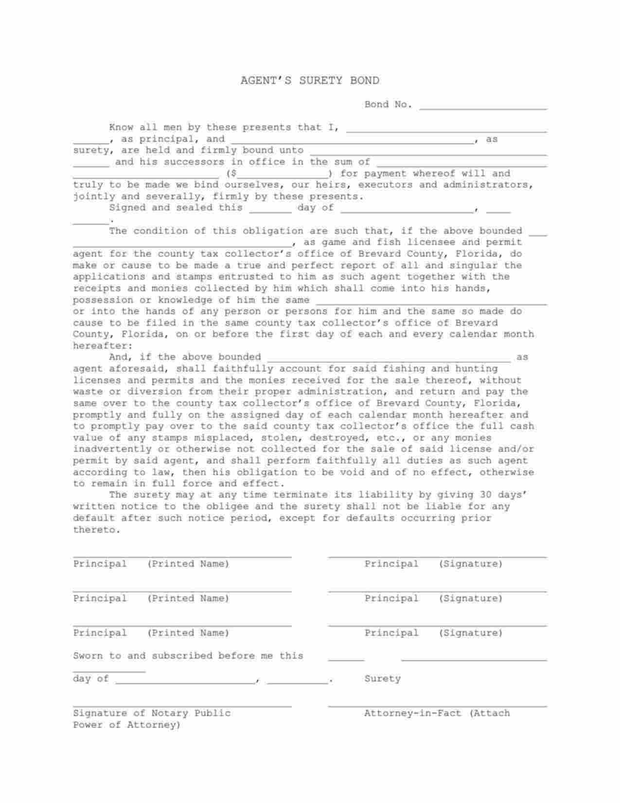 Florida Game and Fish Licensee and Permit Agent Bond Form