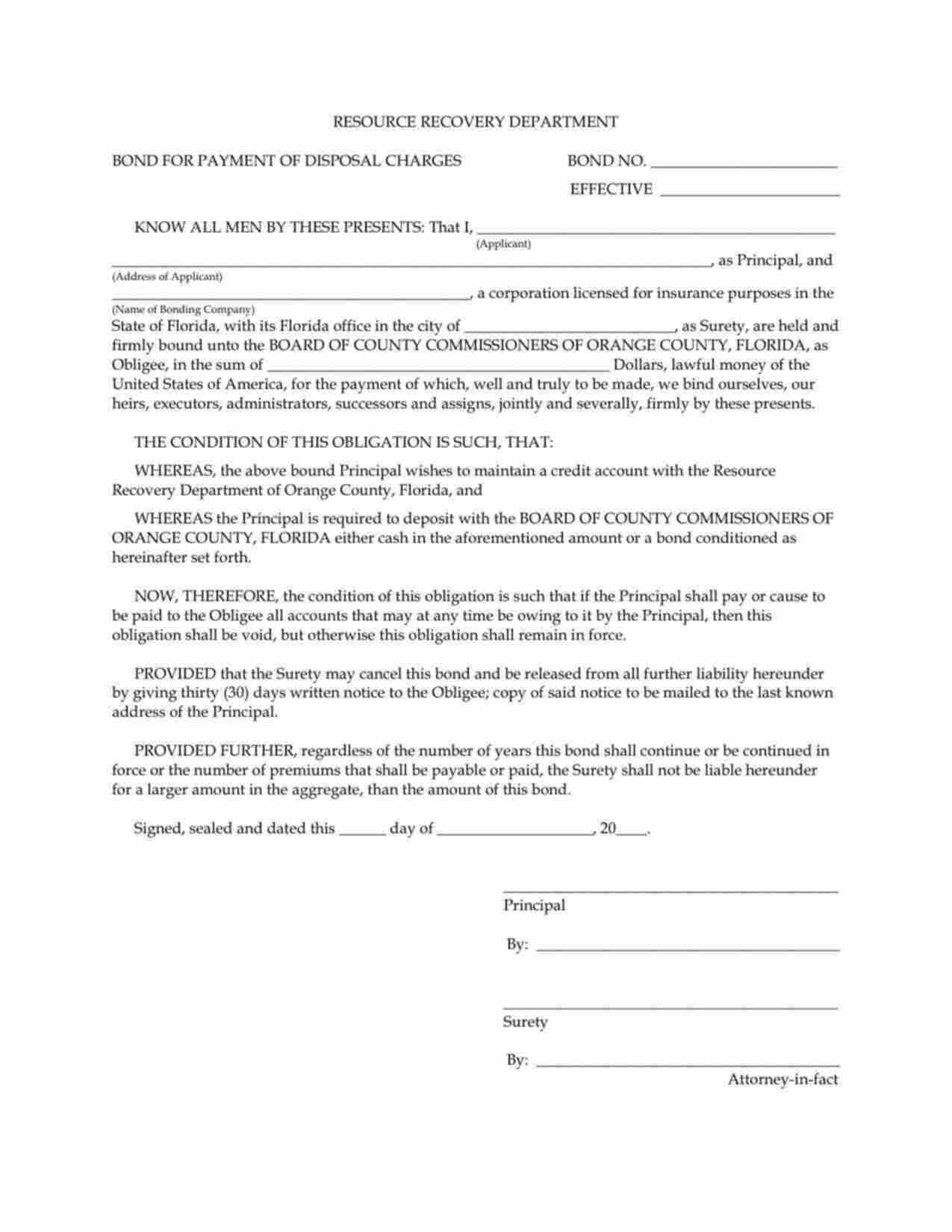 Florida Payment of Disposal Charges Bond Form