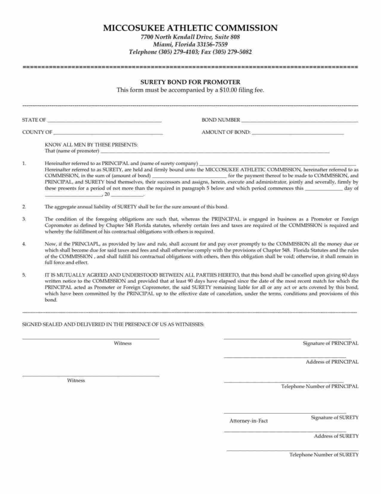 Florida Promoter Bond Form