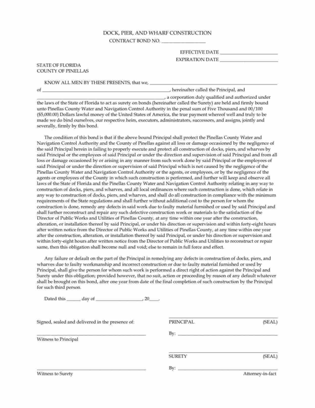 Florida Dock, Pier, and Wharf Construction Bond Form