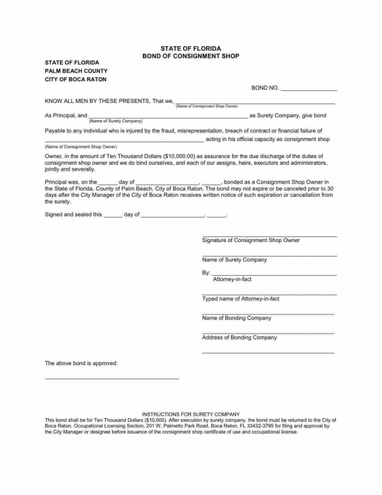 Florida Consignment Shop Bond Form