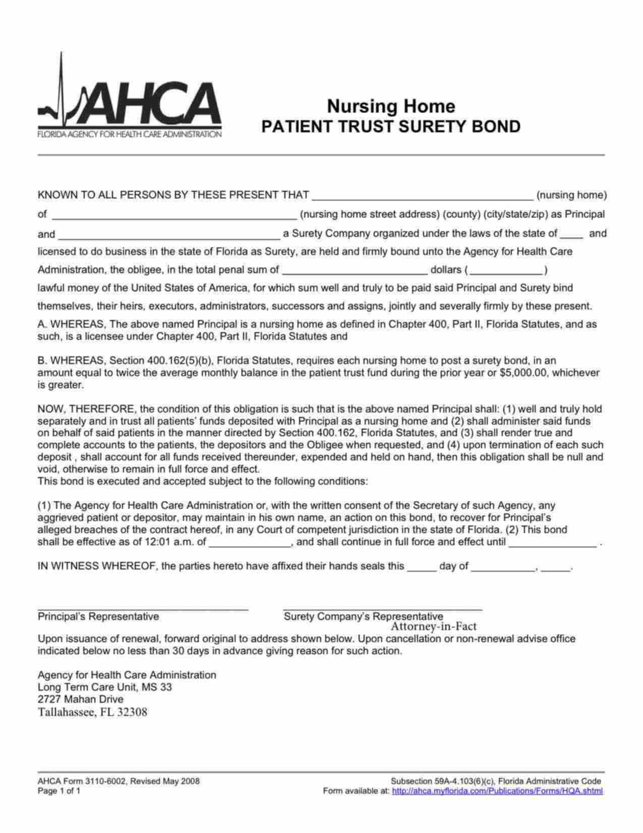 Florida Nursing Home Patient Trust Bond Form