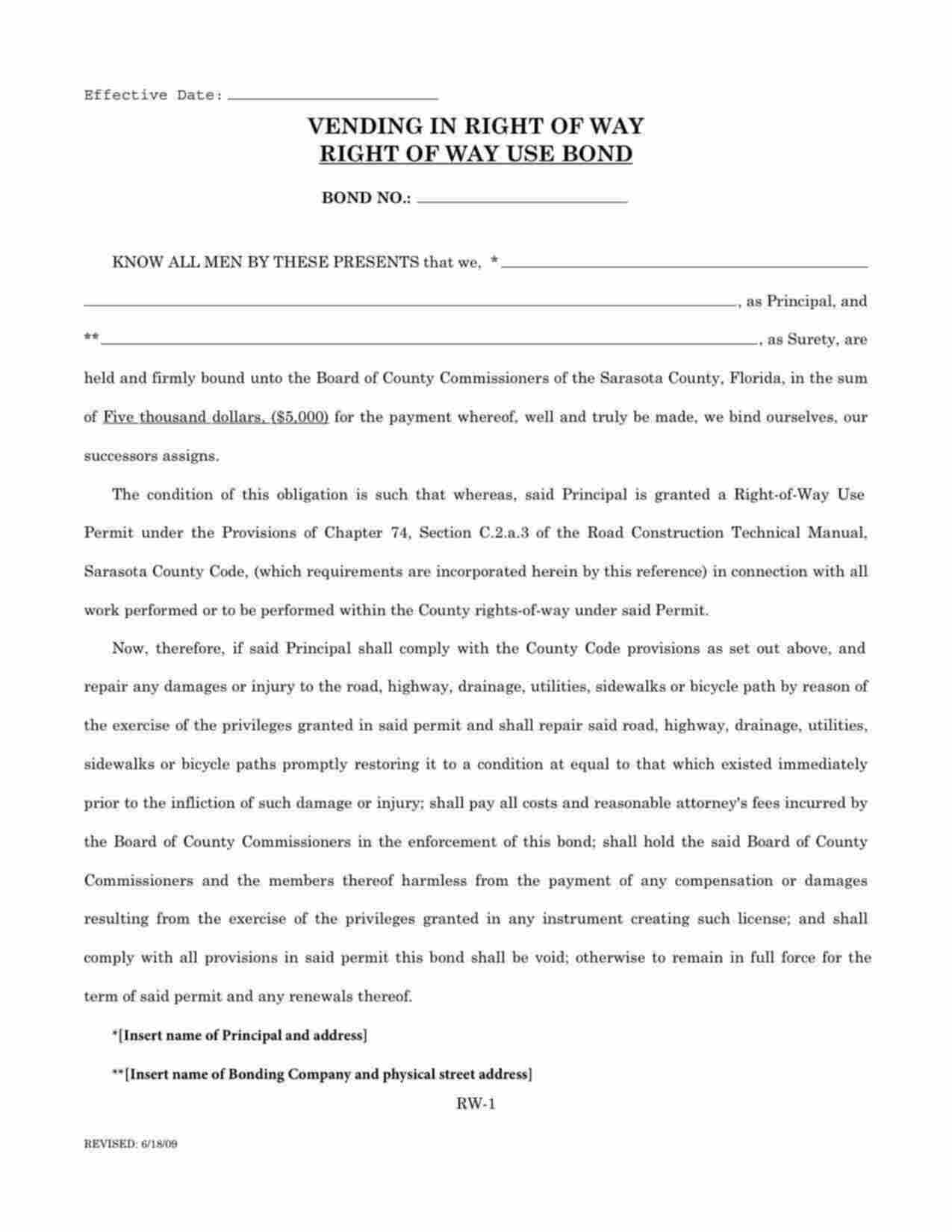 Florida Right of Way Use Bond Form