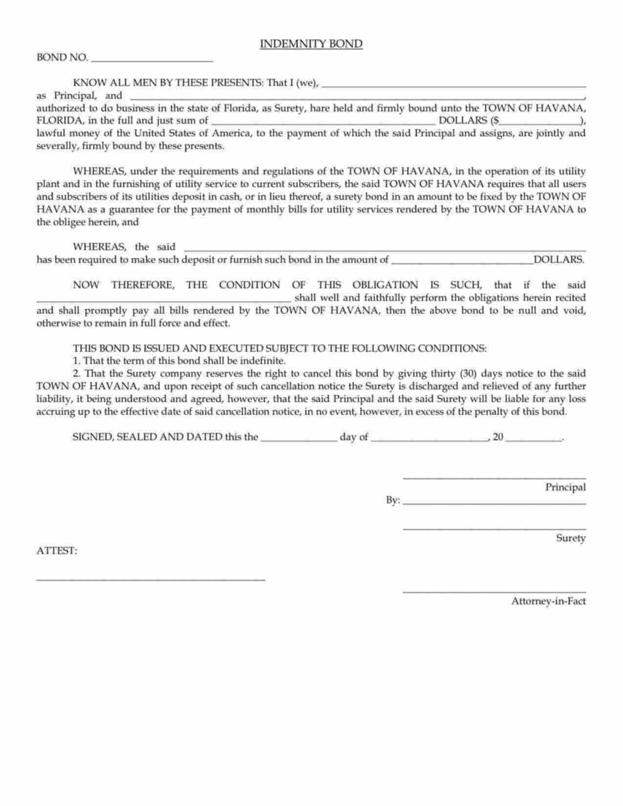 Florida Utility Deposit Bond Form