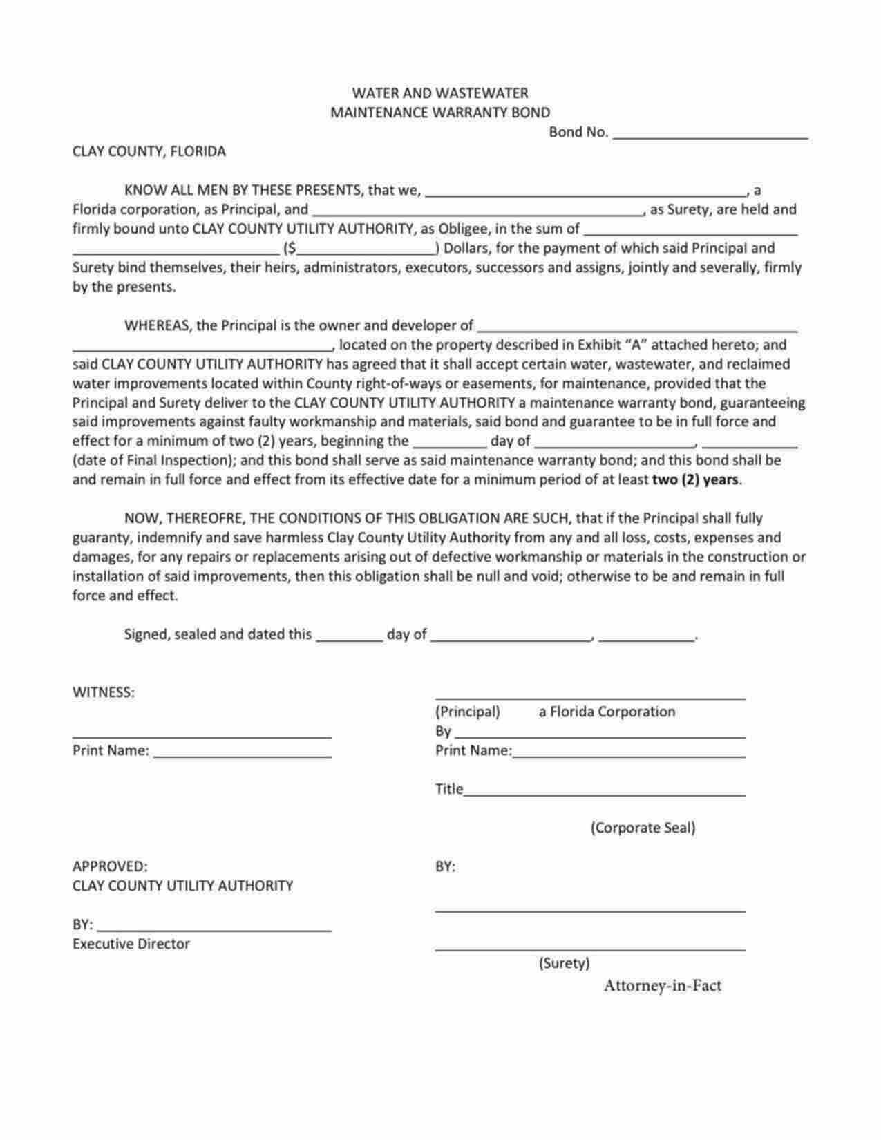 Florida Water and Wastewater Maintenance Warranty Bond Form