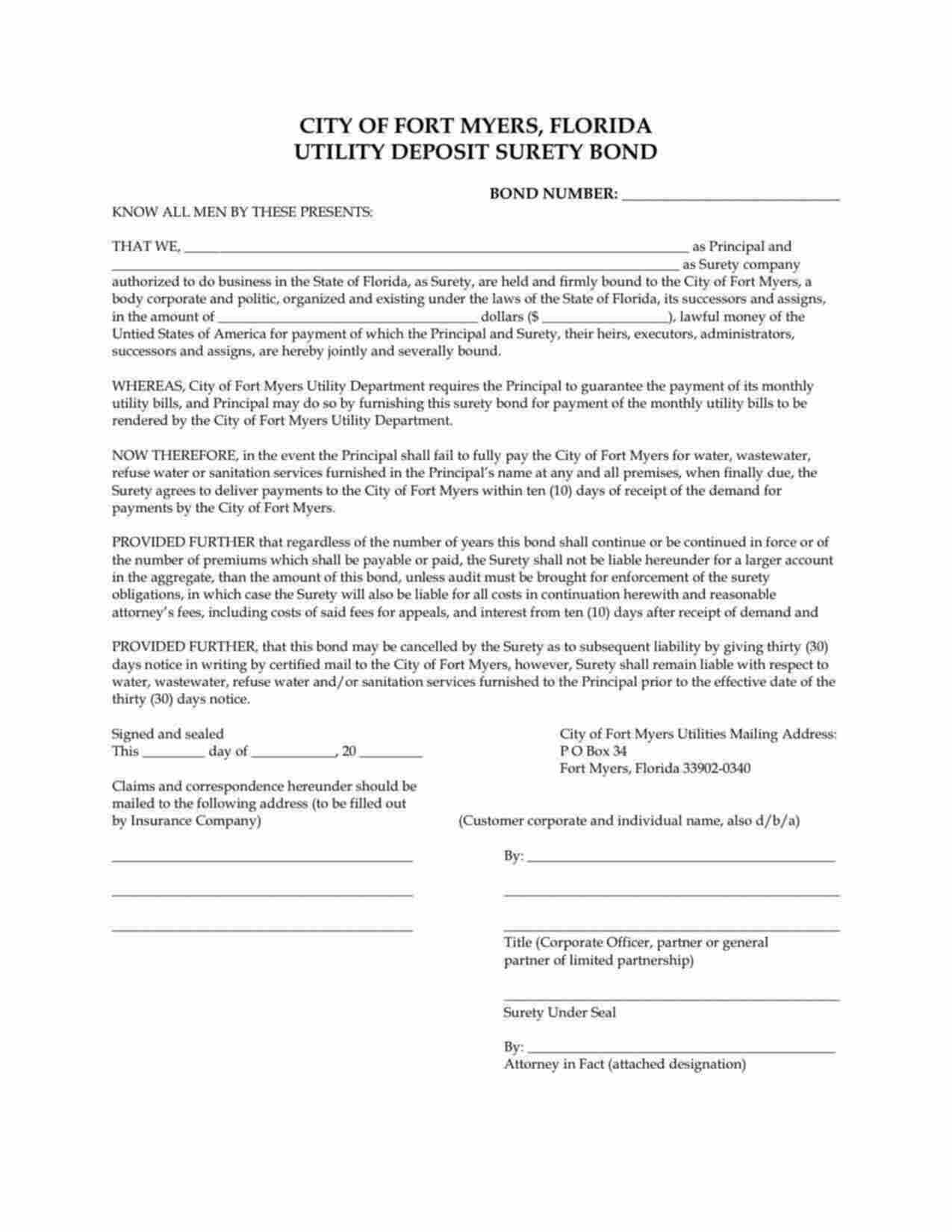 Florida Utility Deposit Bond Form