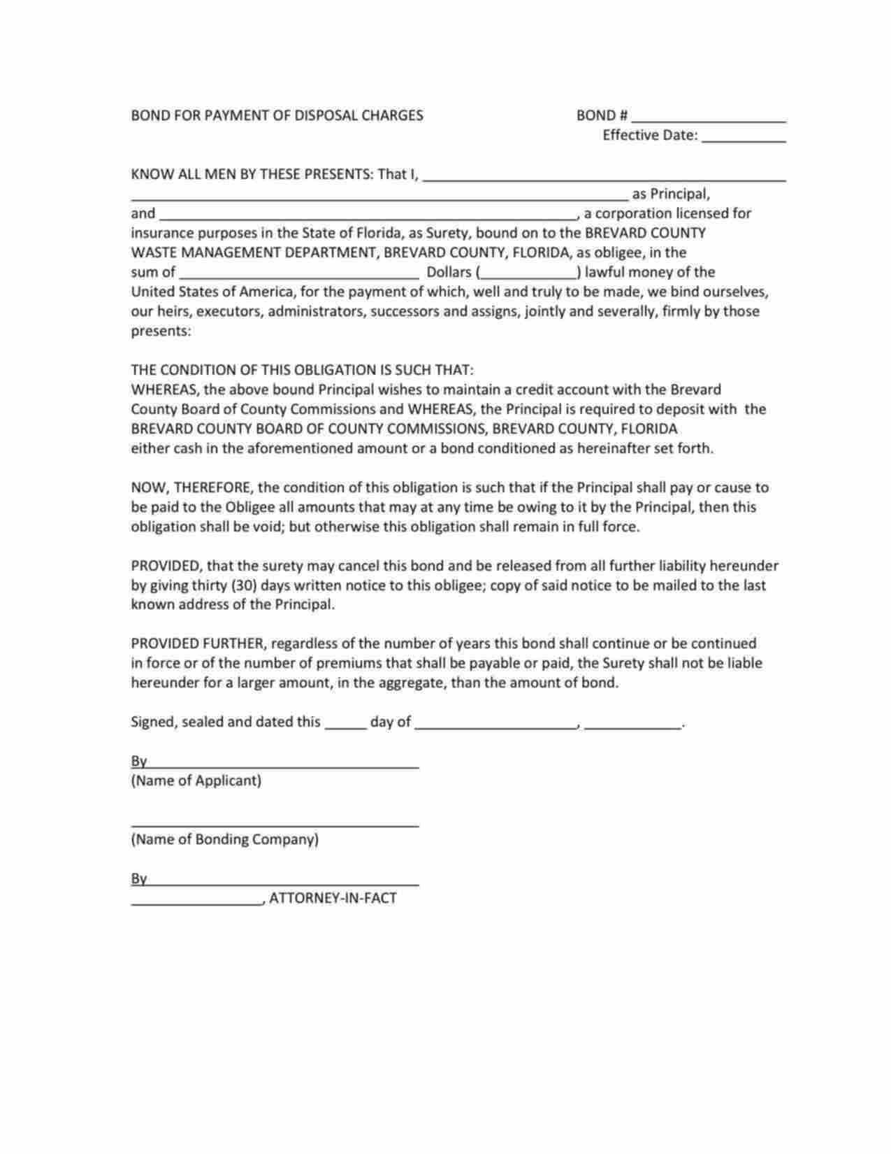 Florida Disposal Charges Bond Form