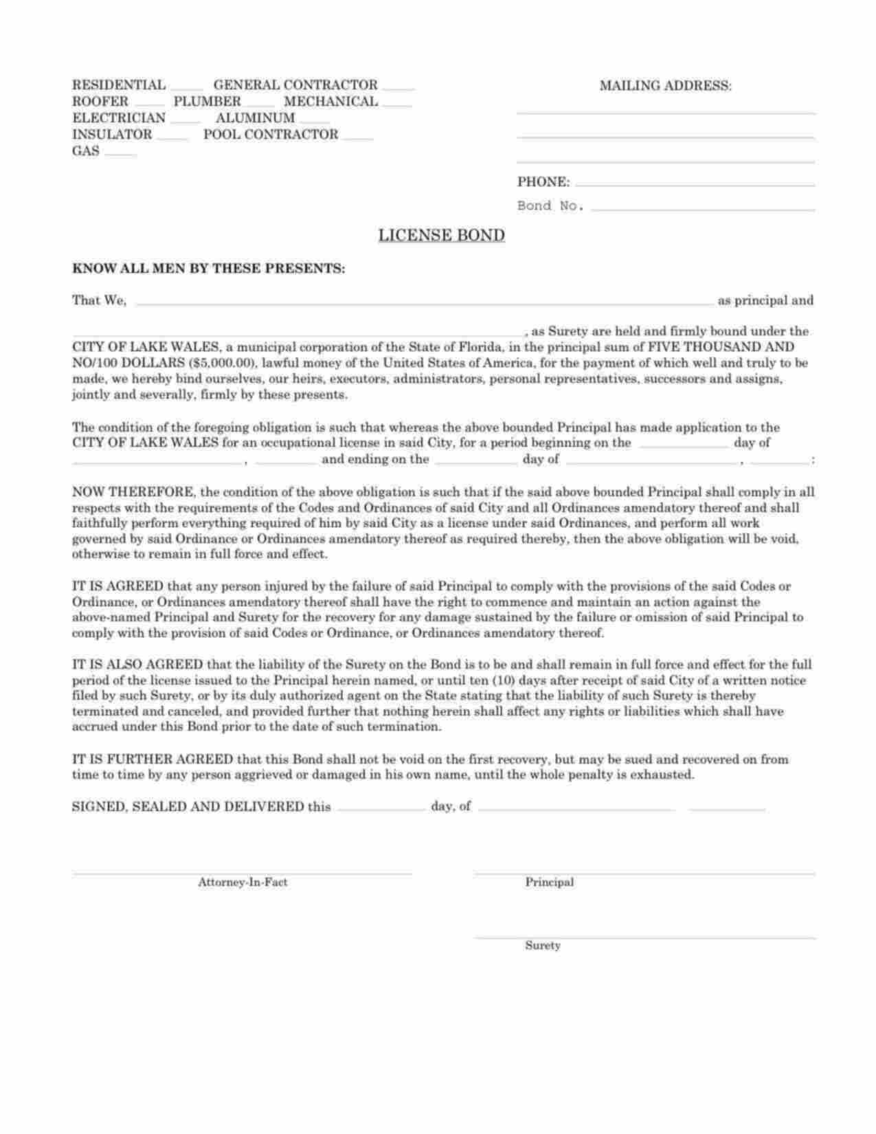 Florida Aluminum Contractor Bond Form