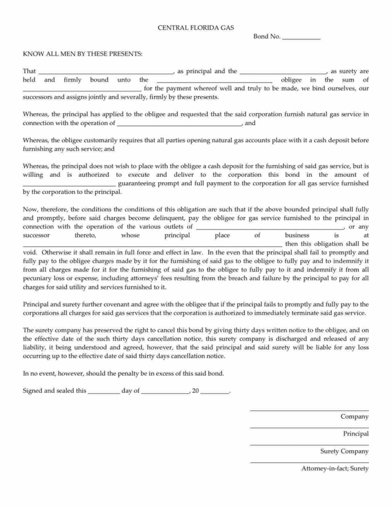 Florida Utility Deposit Bond Form