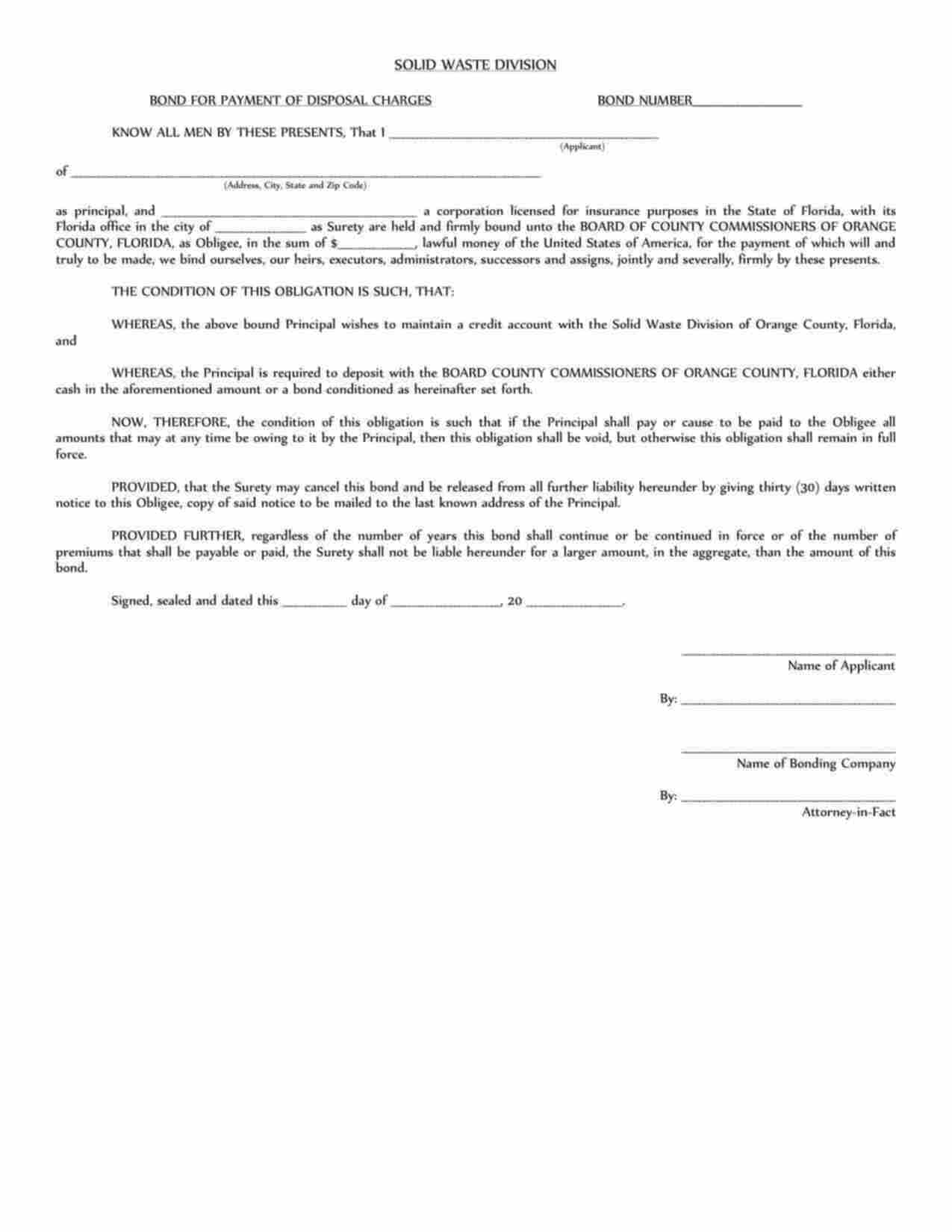 Florida Payment of Disposal Charges Bond Form