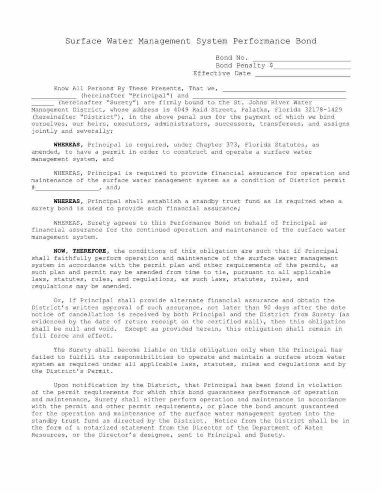 Florida Surface Water Management System Performance Bond Form